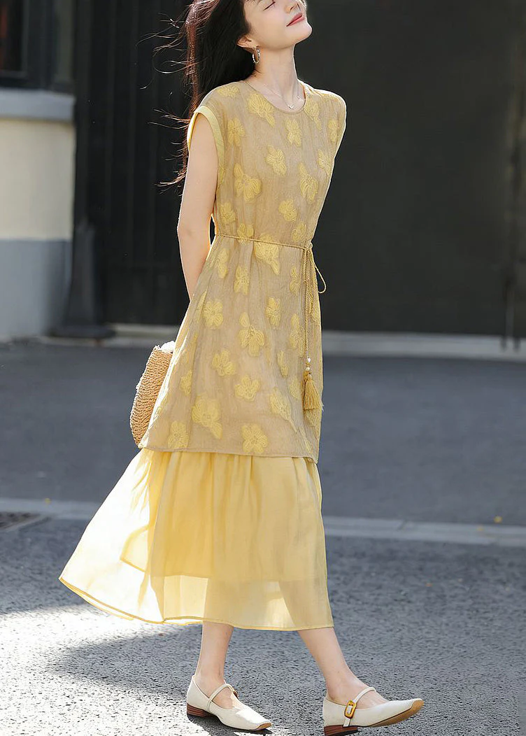 Unique Yellow O-Neck Print Tie Waist Holiday Long Dress Short Sleeve - Image 4