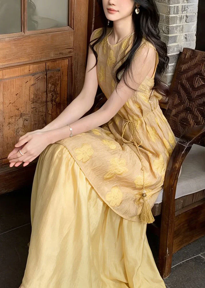 Unique Yellow O-Neck Print Tie Waist Holiday Long Dress Short Sleeve - Image 5