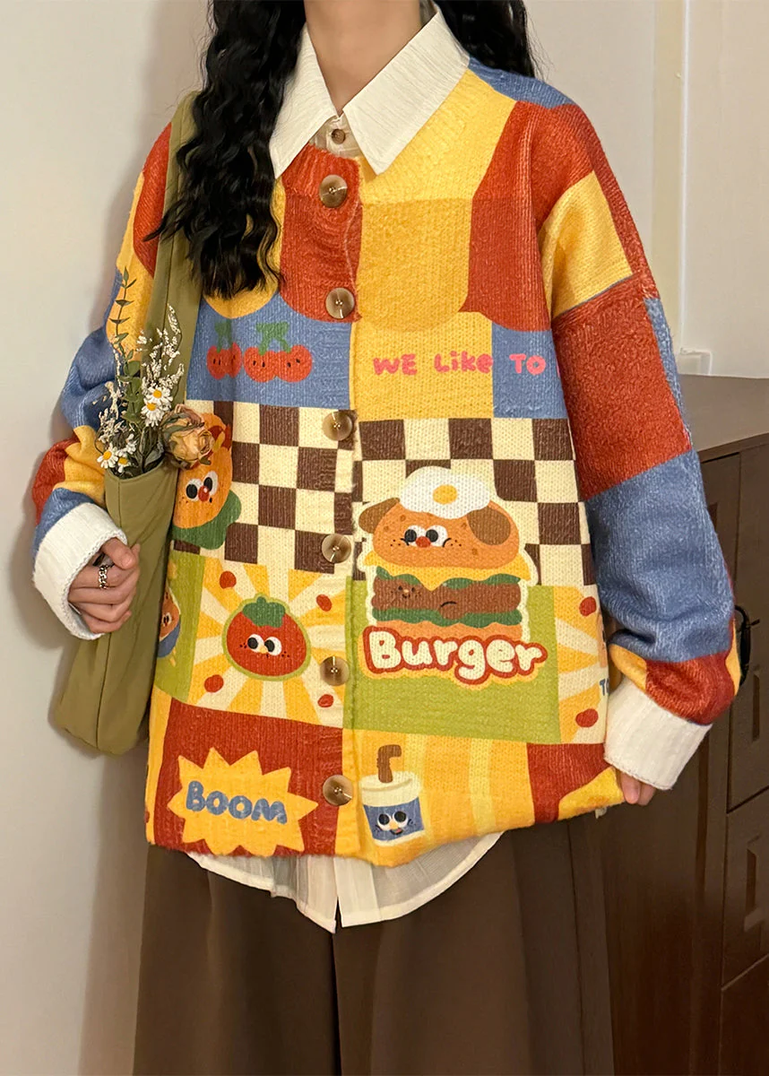 Unique Yellow Plaid Print Patchwork Knit Sweater Spring - Image 4