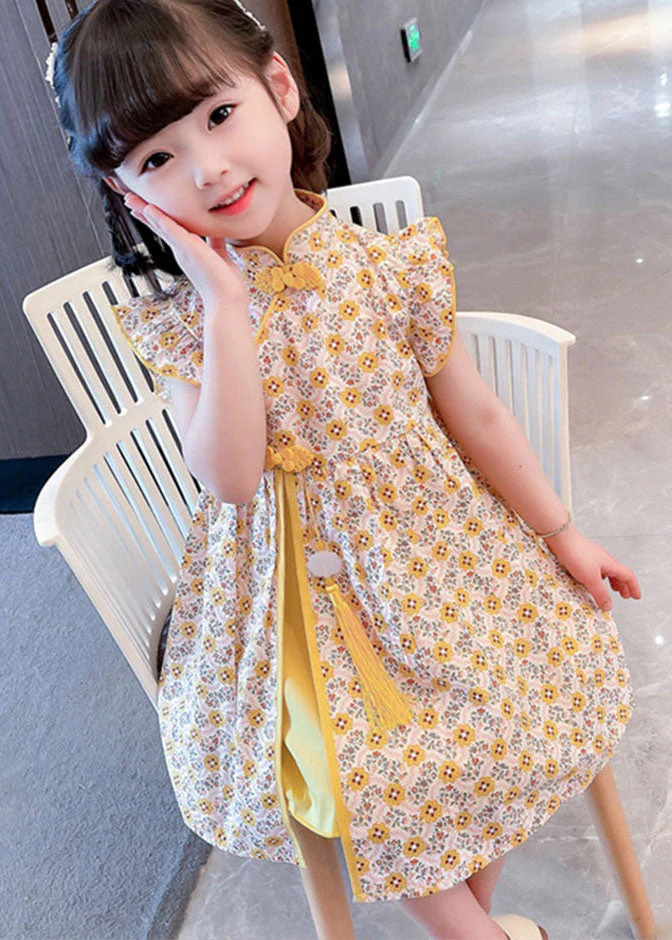 Unique Yellow Tasseled Print Patchwork Cotton Baby Girls Dresses Summer - Image 2