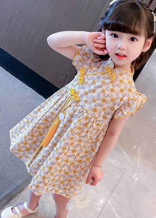 Unique Yellow Tasseled Print Patchwork Cotton Baby Girls Dresses Summer - Image 3