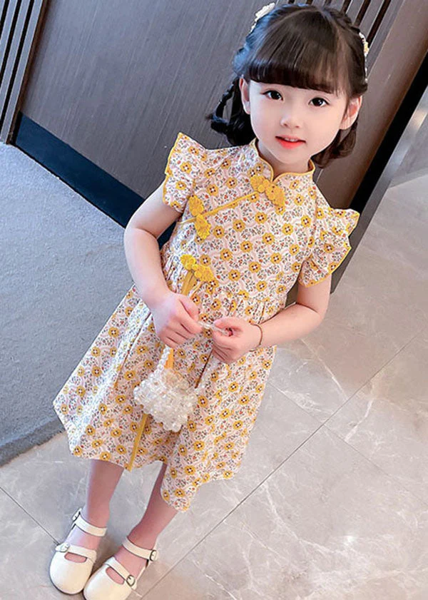 Unique Yellow Tasseled Print Patchwork Cotton Baby Girls Dresses Summer - Image 4