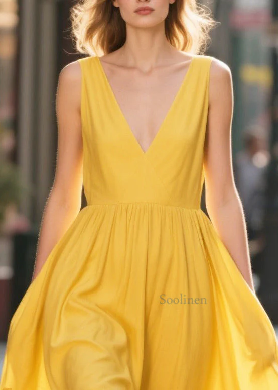 Unique Yellow V Neck Print Chiffon Maxi Dress Summer - Image 2