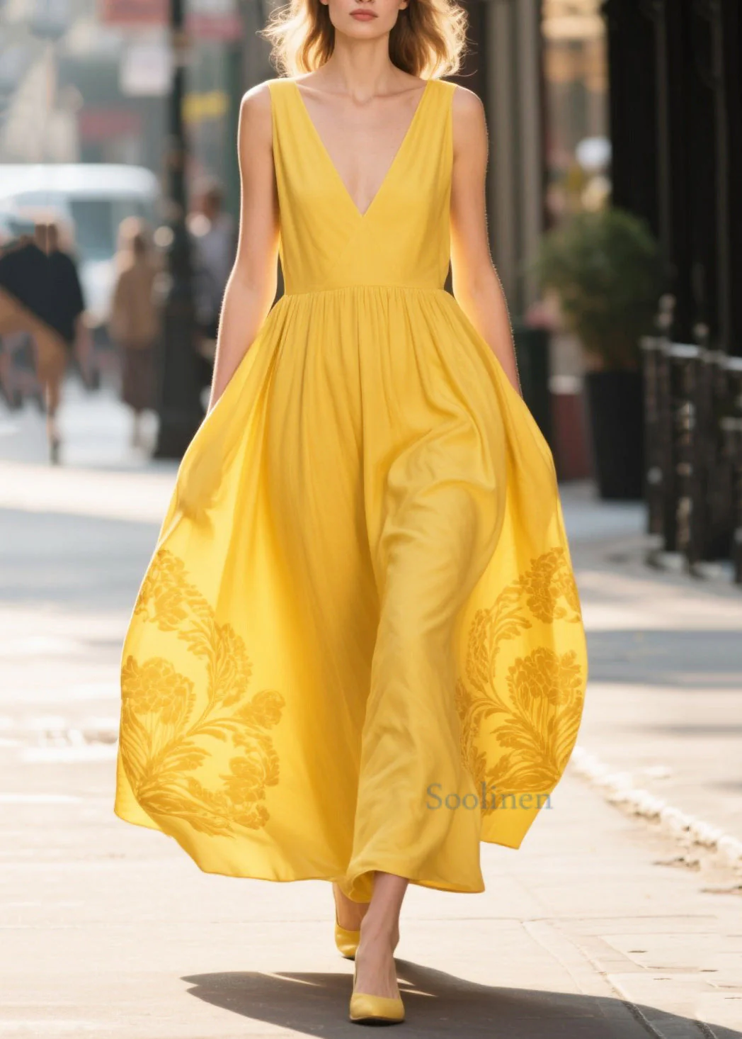 Unique Yellow V Neck Print Chiffon Maxi Dress Summer - Image 3