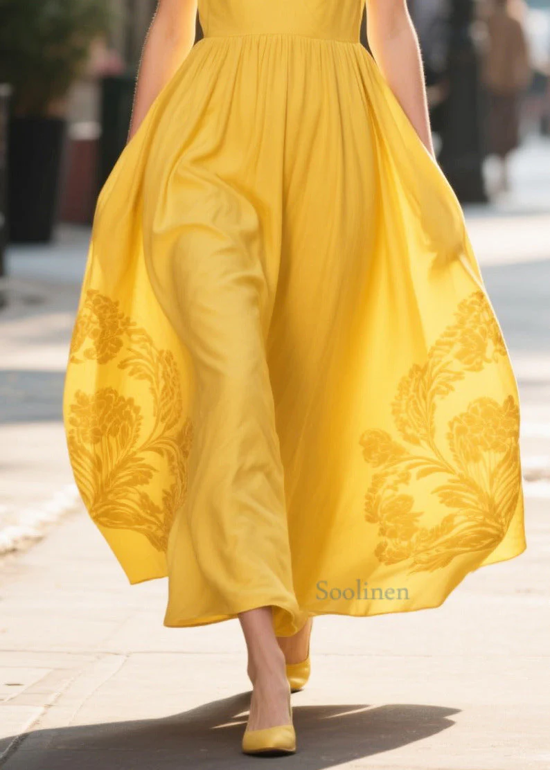Unique Yellow V Neck Print Chiffon Maxi Dress Summer - Image 4