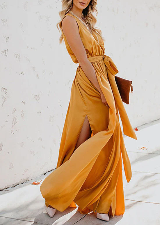 Unique Yellow V Neck Side Open Lace Up Silk Dress Summer - Image 4