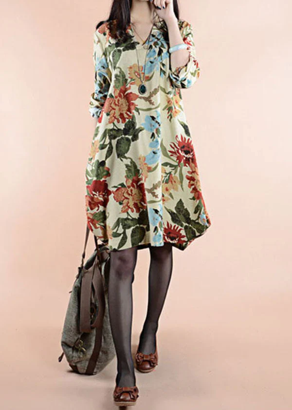 Vintage Apricot V Neck Floral Patchwork Linen Dress Spring - Image 2