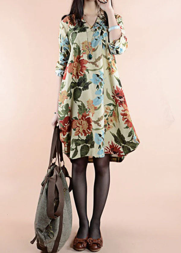 Vintage Apricot V Neck Floral Patchwork Linen Dress Spring - Image 3