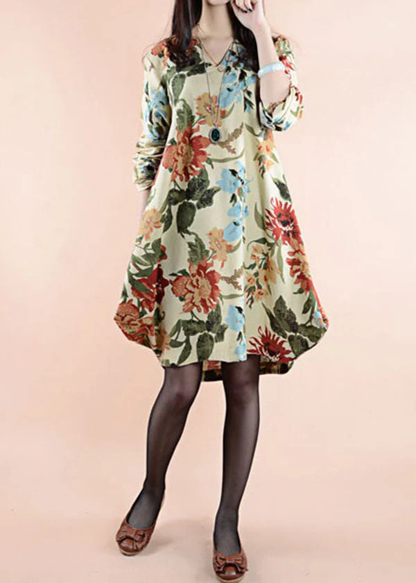 Vintage Apricot V Neck Floral Patchwork Linen Dress Spring - Image 4