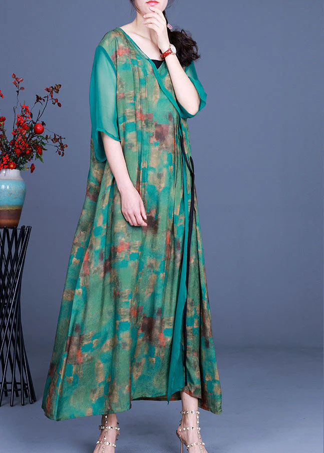 Vintage Apricot V Neck Print asymmetrical design Fall Holiday Dress Long sleeve - Image 2