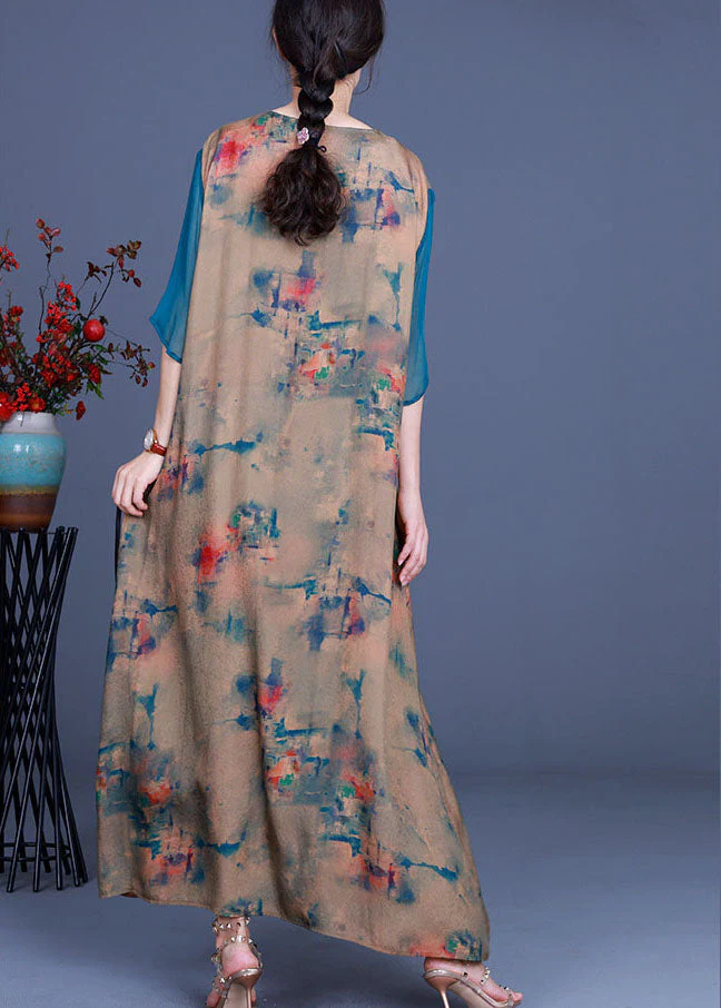 Vintage Apricot V Neck Print asymmetrical design Fall Holiday Dress Long sleeve - Image 4