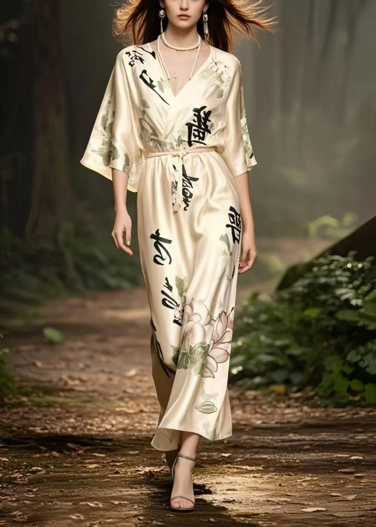 Vintage Apricot V Neck Print Draping Silk Long Dress Summer - Image 3