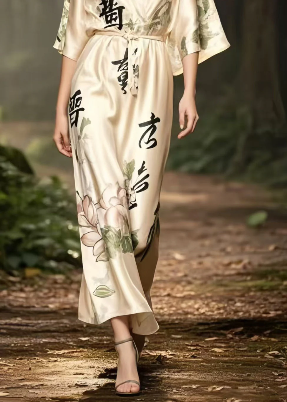 Vintage Apricot V Neck Print Draping Silk Long Dress Summer - Image 4