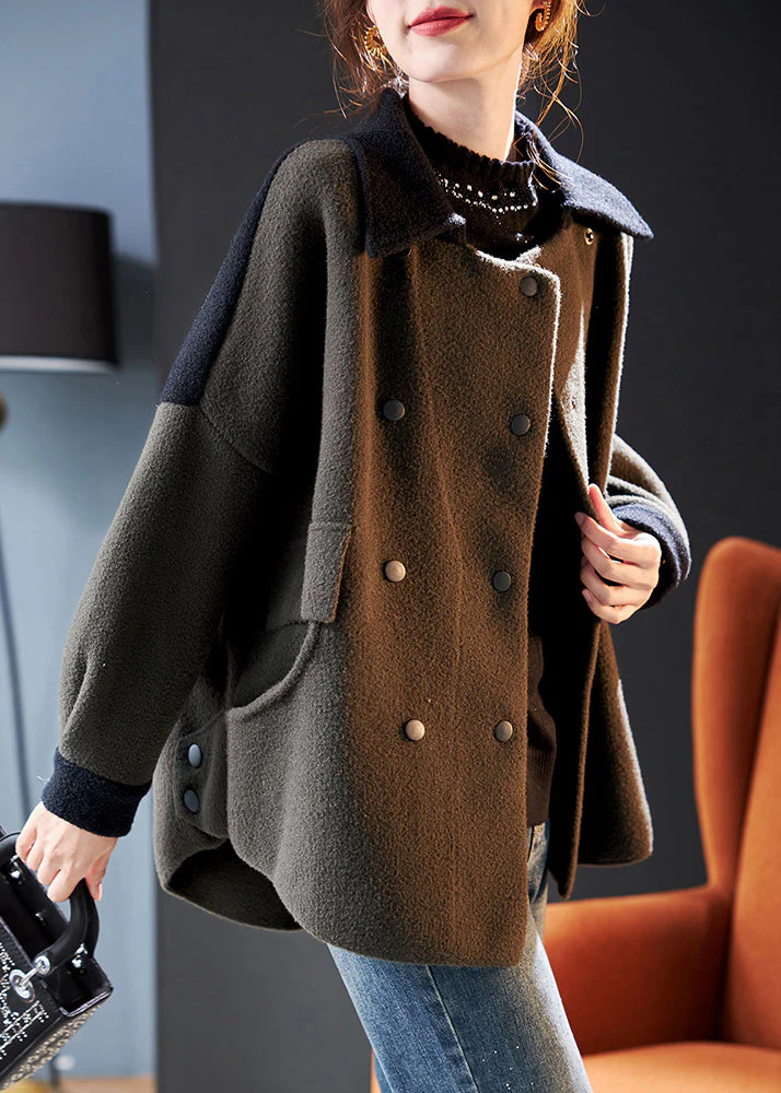 Vintage Army Green Double Breast Pockets Patchwork Woolen Coat Winter