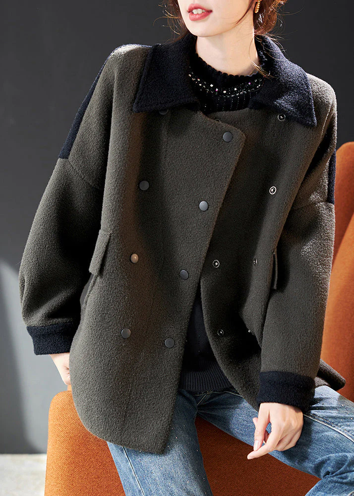 Vintage Army Green Double Breast Pockets Patchwork Woolen Coat Winter - Image 2
