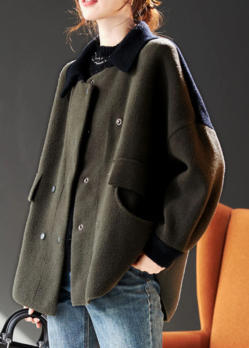Vintage Army Green Double Breast Pockets Patchwork Woolen Coat Winter - Image 3