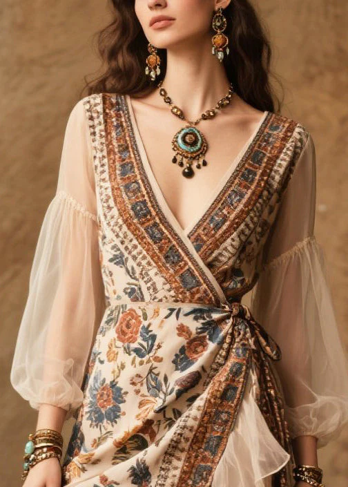 Vintage Beige Asymmetrical Patchwork Chiffon Tunic Dresses Summer - Image 2