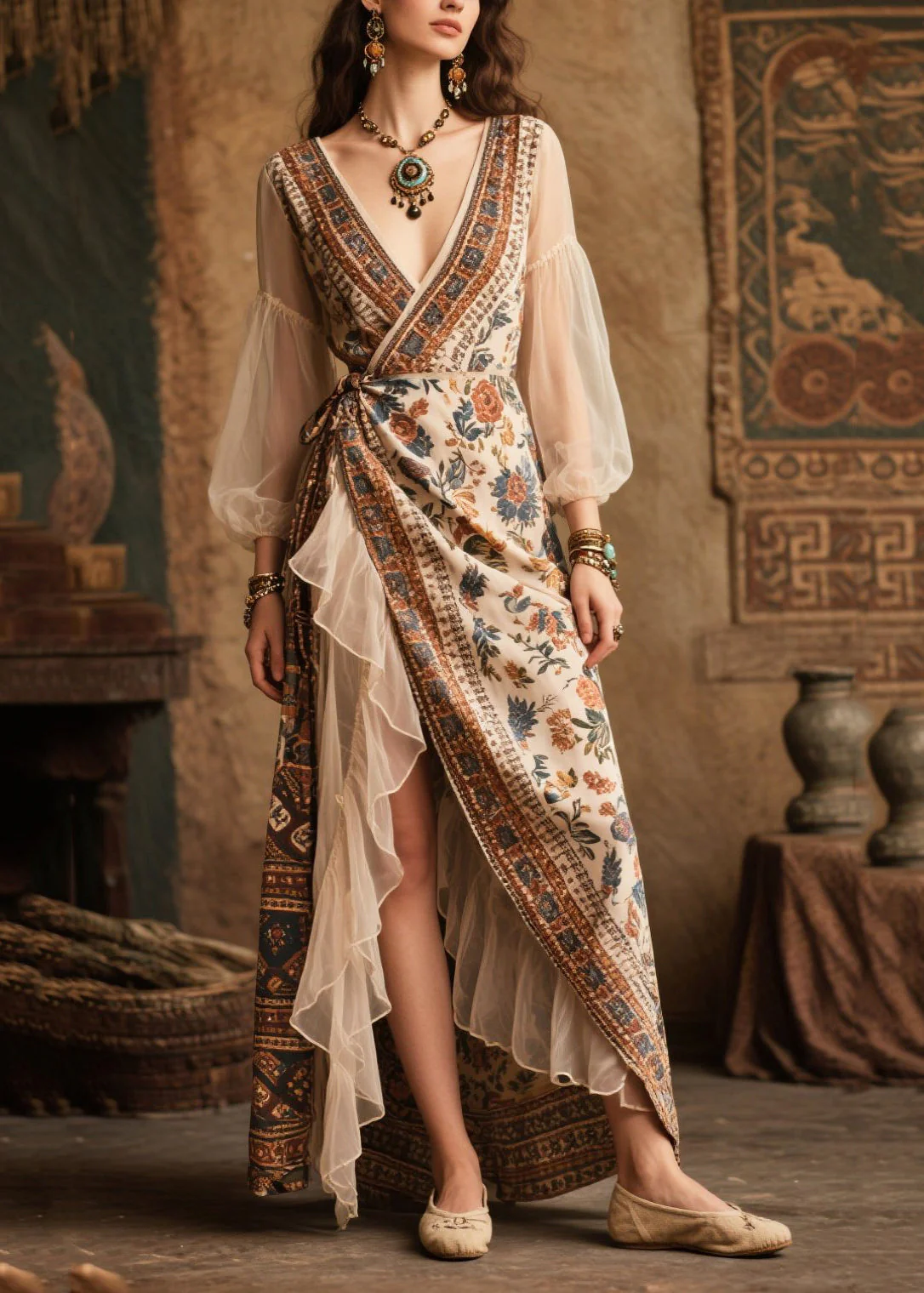 Vintage Beige Asymmetrical Patchwork Chiffon Tunic Dresses Summer - Image 3