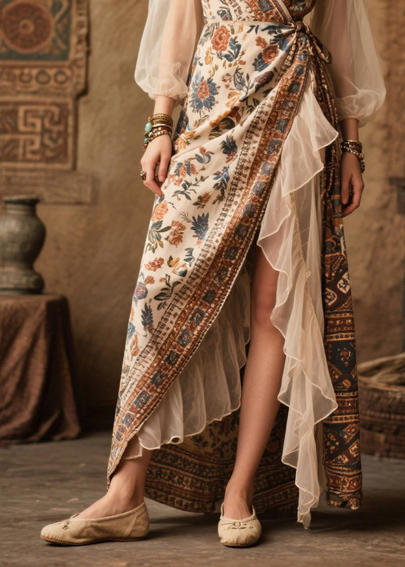 Vintage Beige Asymmetrical Patchwork Chiffon Tunic Dresses Summer - Image 4