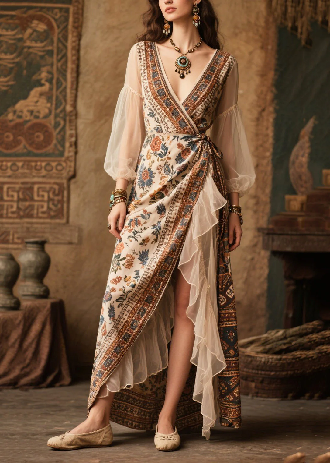 Vintage Beige Asymmetrical Patchwork Chiffon Tunic Dresses Summer - Image 5