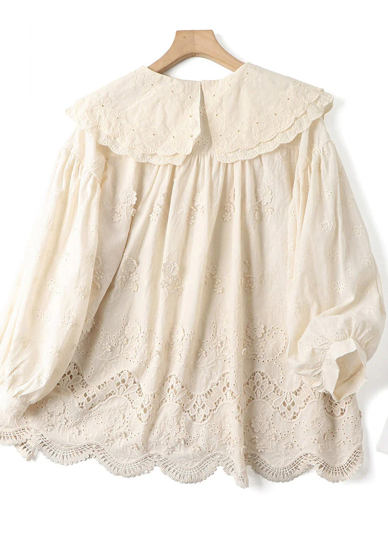 Vintage Beige Double-layer Embroidered Cotton Blouses Spring - Image 2