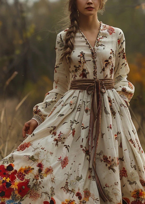 Vintage-Beige-Print-Exra-Large-Hem-Long-Dress-Spring - Image 2