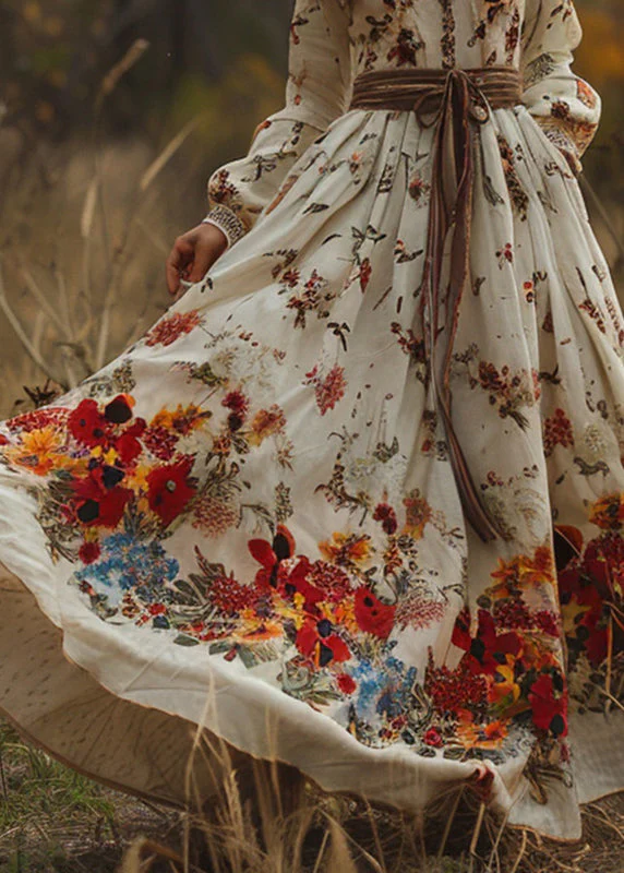 Vintage-Beige-Print-Exra-Large-Hem-Long-Dress-Spring - Image 3