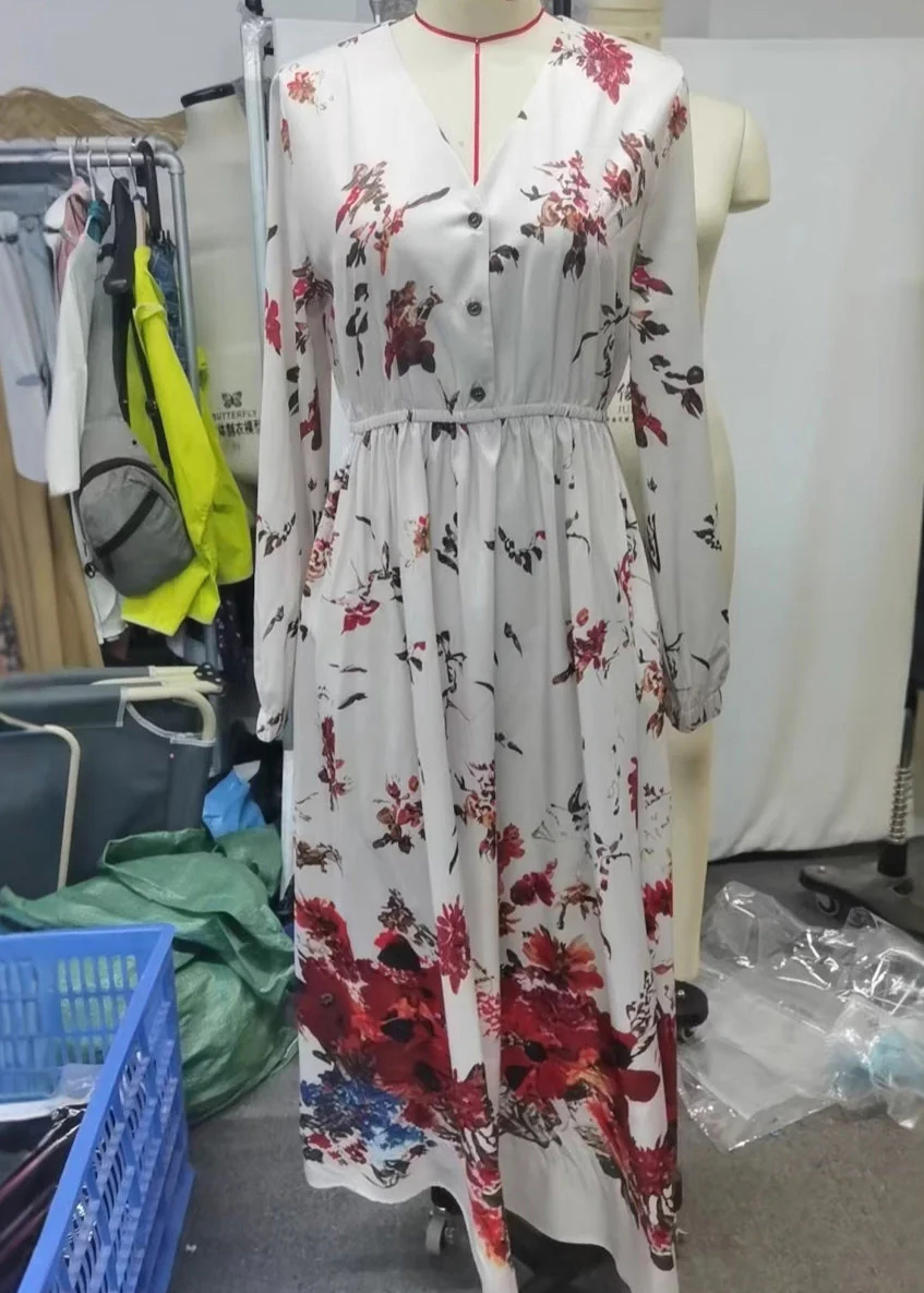 Vintage-Beige-Print-Exra-Large-Hem-Long-Dress-Spring - Image 4