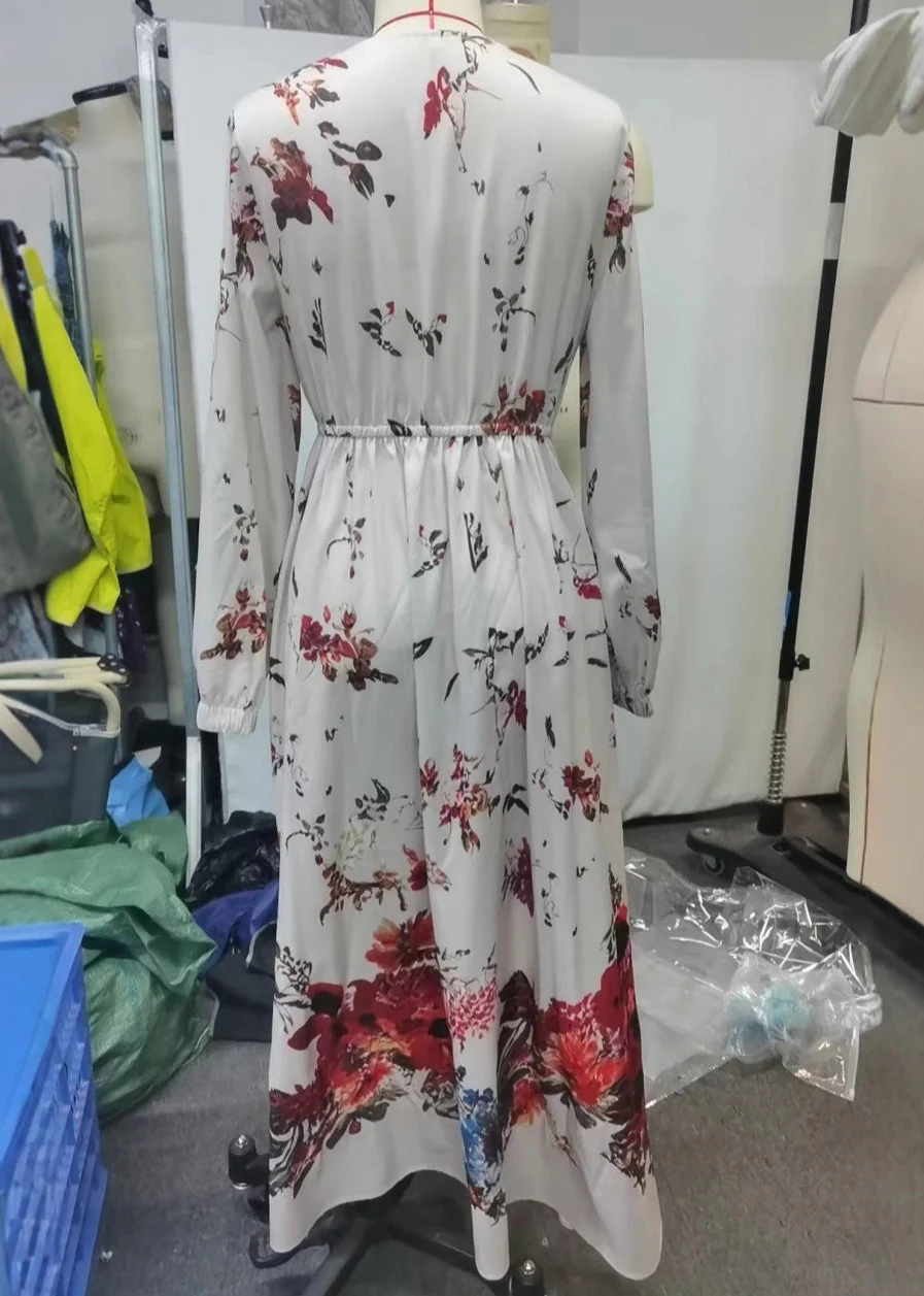 Vintage-Beige-Print-Exra-Large-Hem-Long-Dress-Spring - Image 5