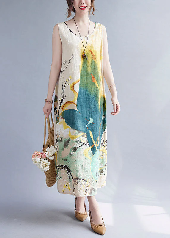 Vintage Beige Print O-Neck Linen Vacation Dresses Summer - Image 2