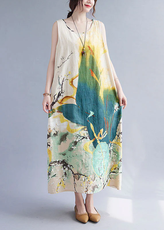 Vintage Beige Print O-Neck Linen Vacation Dresses Summer - Image 3