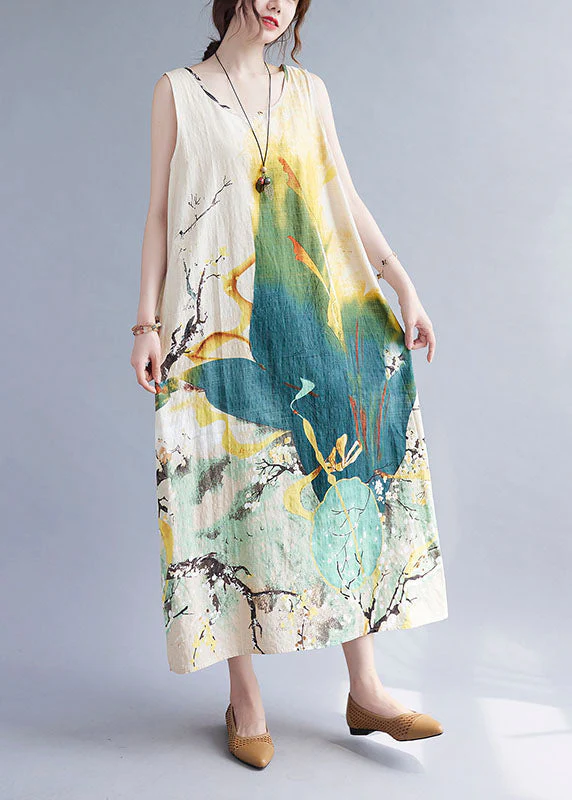 Vintage Beige Print O-Neck Linen Vacation Dresses Summer - Image 4