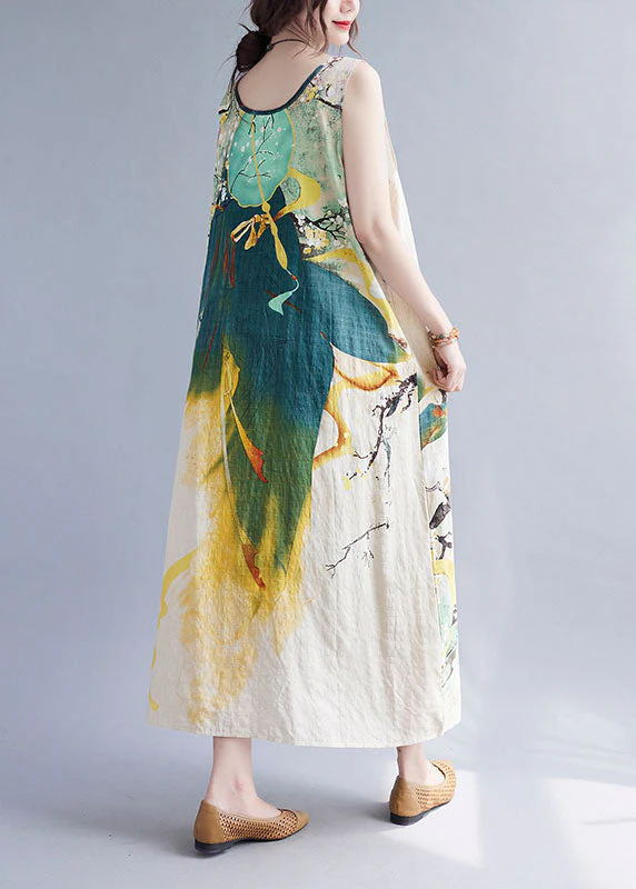 Vintage Beige Print O-Neck Linen Vacation Dresses Summer - Image 5