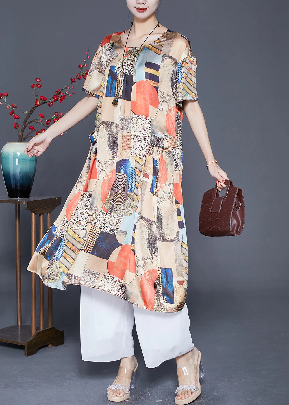 Vintage Beige Print Pockets Silk Holiday Dress Summer - Image 2