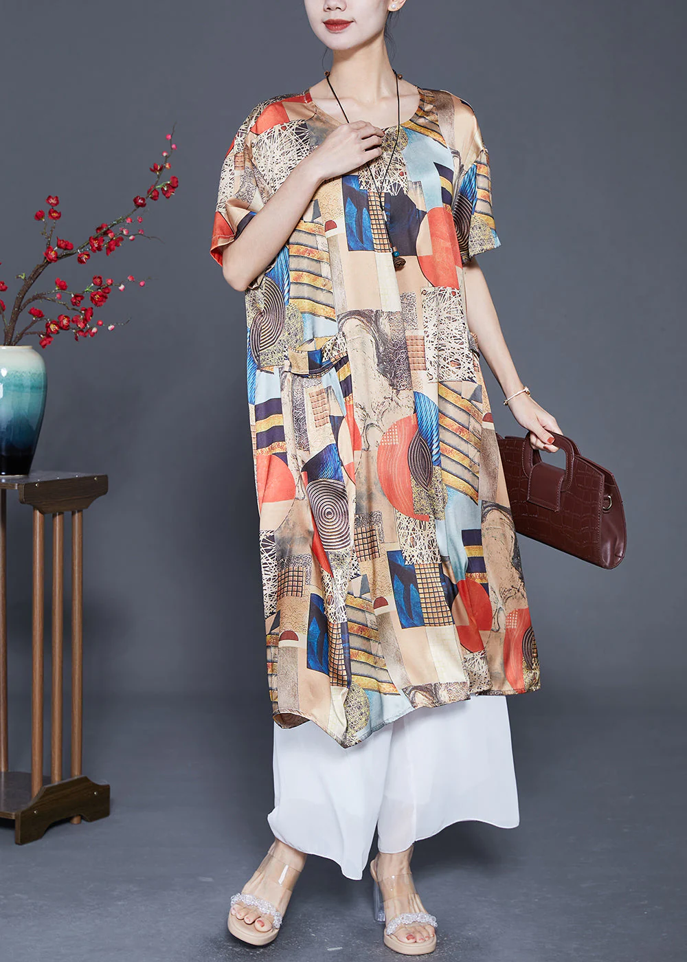 Vintage Beige Print Pockets Silk Holiday Dress Summer - Image 3