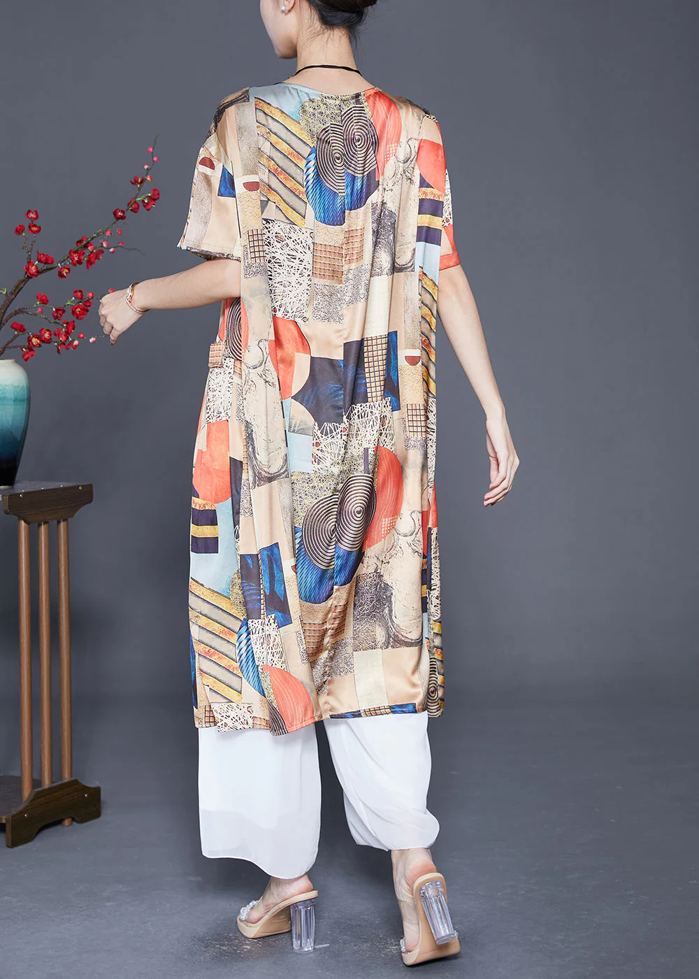 Vintage Beige Print Pockets Silk Holiday Dress Summer - Image 4