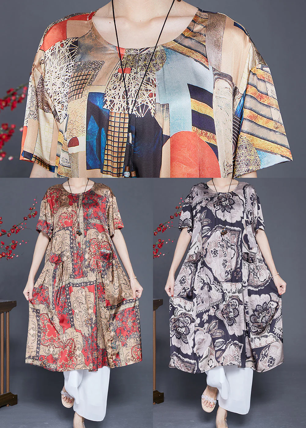 Vintage Beige Print Pockets Silk Holiday Dress Summer - Image 5