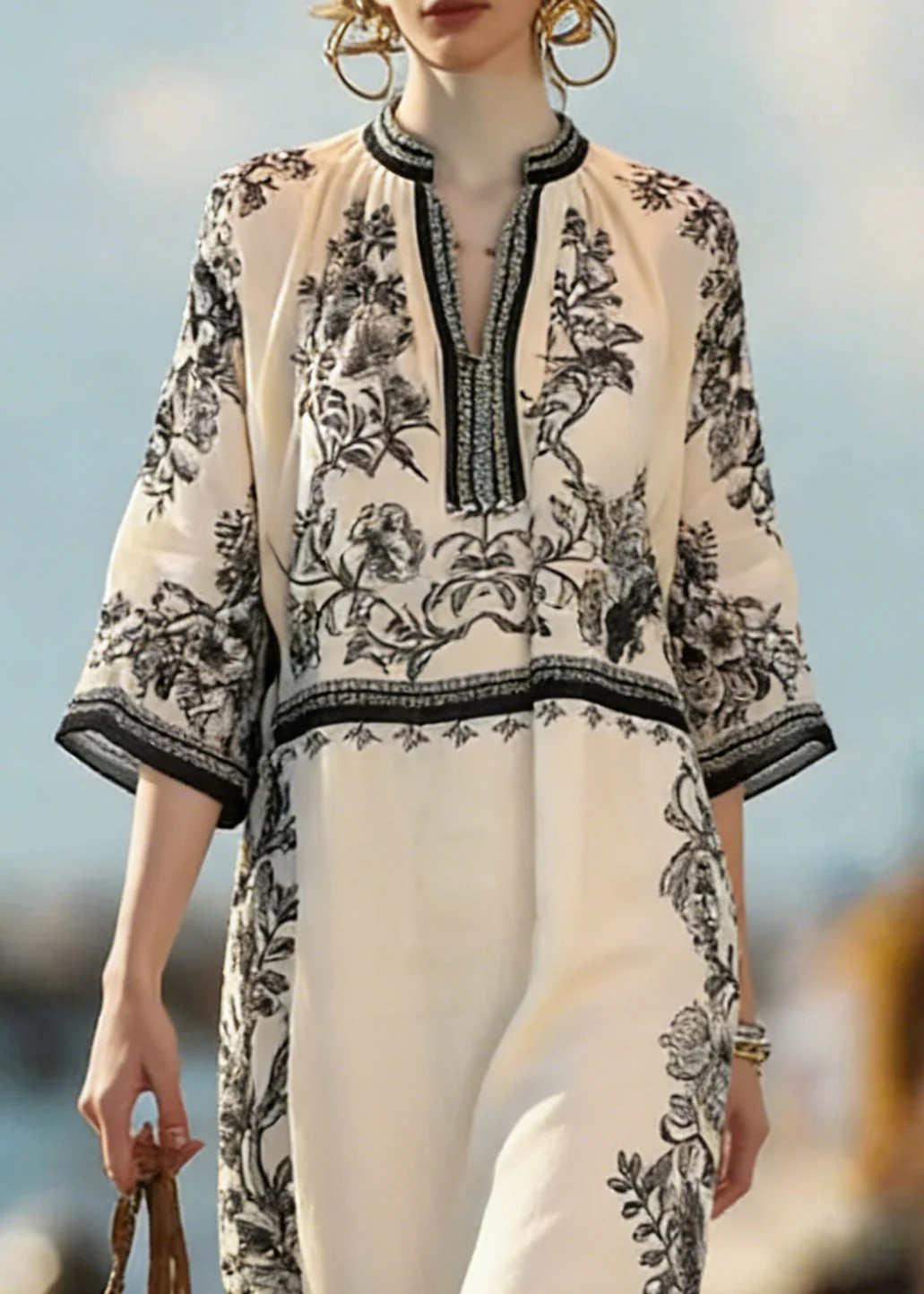 Vintage Beige Print Side Open Linen Dress Bracelet Sleeve - Image 2