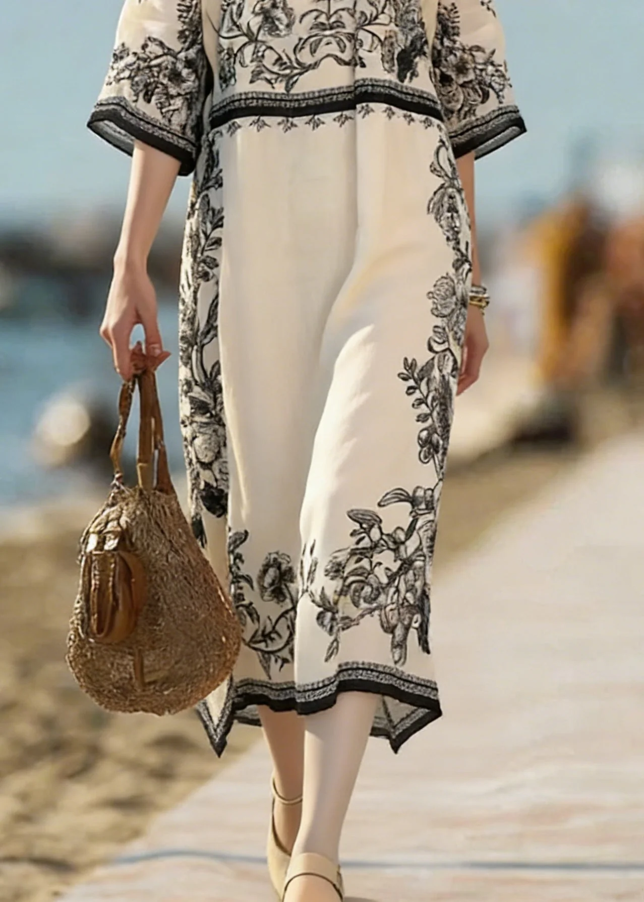Vintage Beige Print Side Open Linen Dress Bracelet Sleeve - Image 4