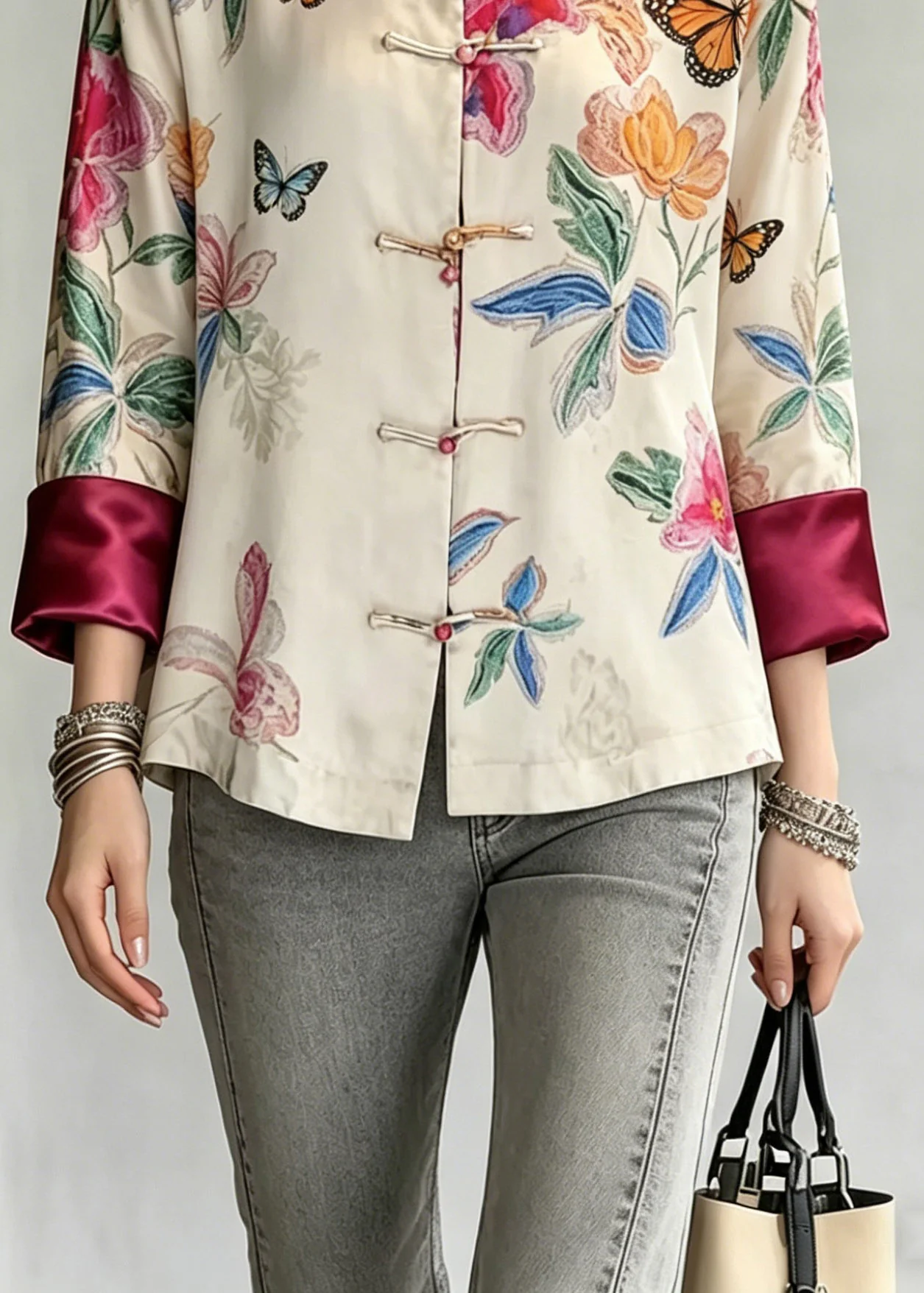 Vintage Beige Stand Collar Button Shirts Fall - Image 4