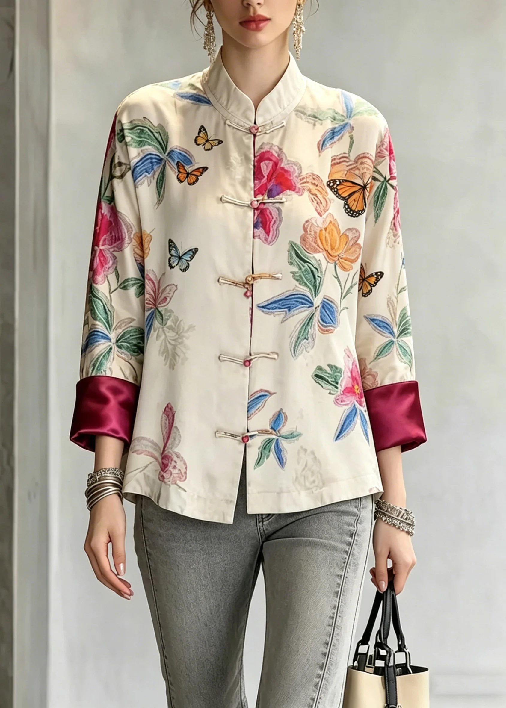 Vintage Beige Stand Collar Button Shirts Fall - Image 5