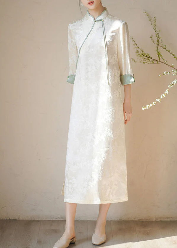 Vintage Beige Stand Collar Tasseled Print Patchwork Silk Dresses Fall - Image 2