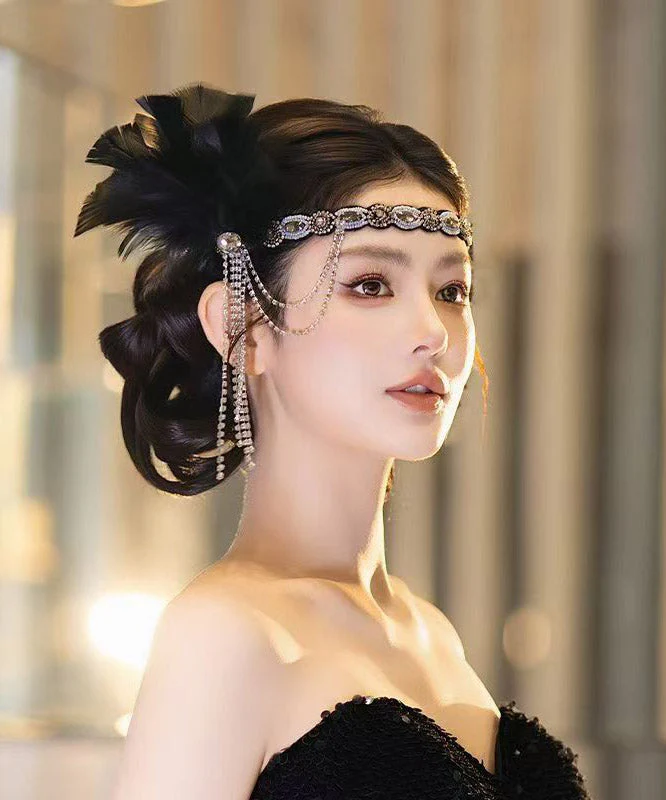 Vintage Black Alloy Zircon Feather Tassel HairPiece - Image 3