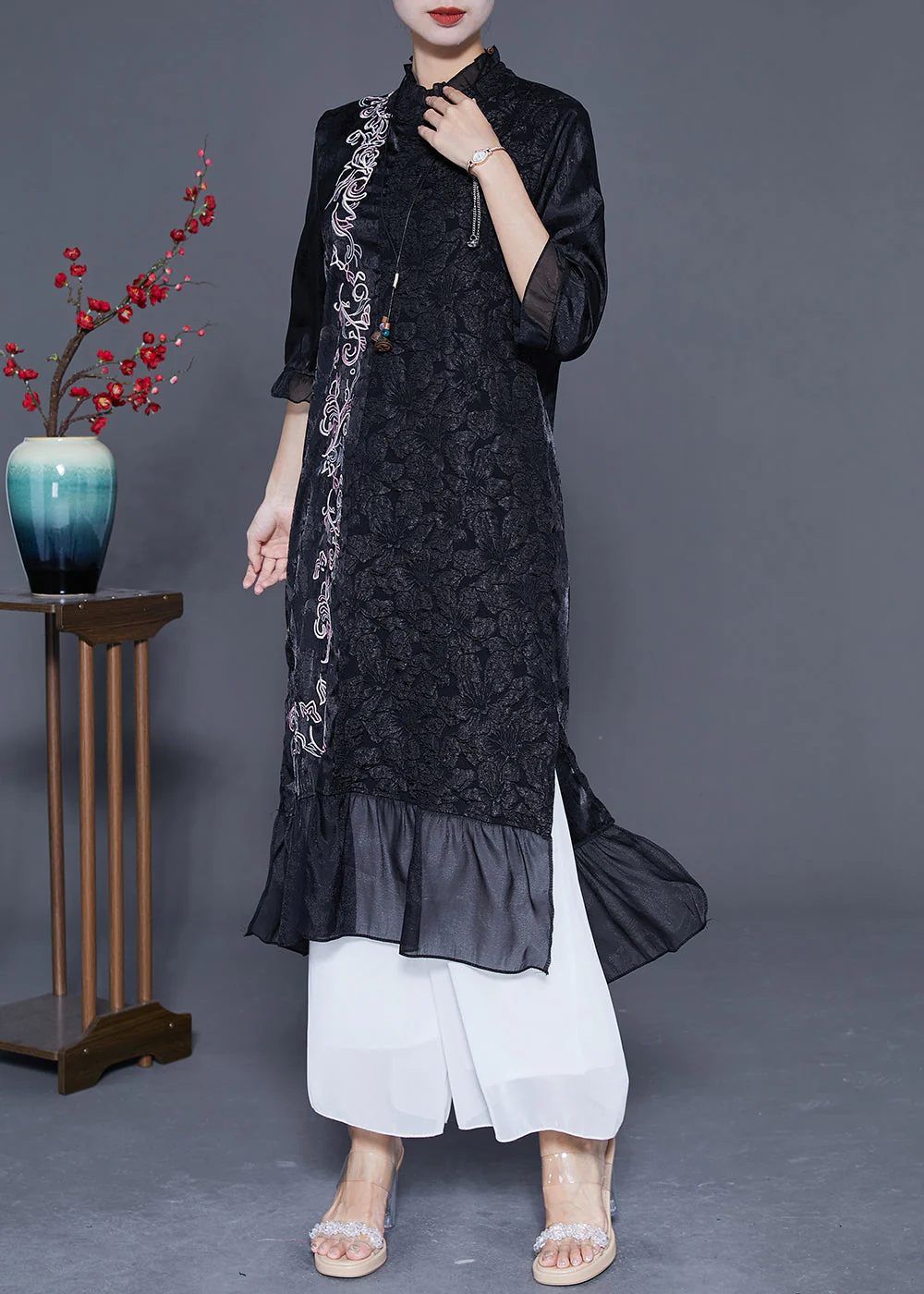Vintage Black Embroideried Patchwork Jacquard Silk Dress Bracelet Sleeve - Image 2