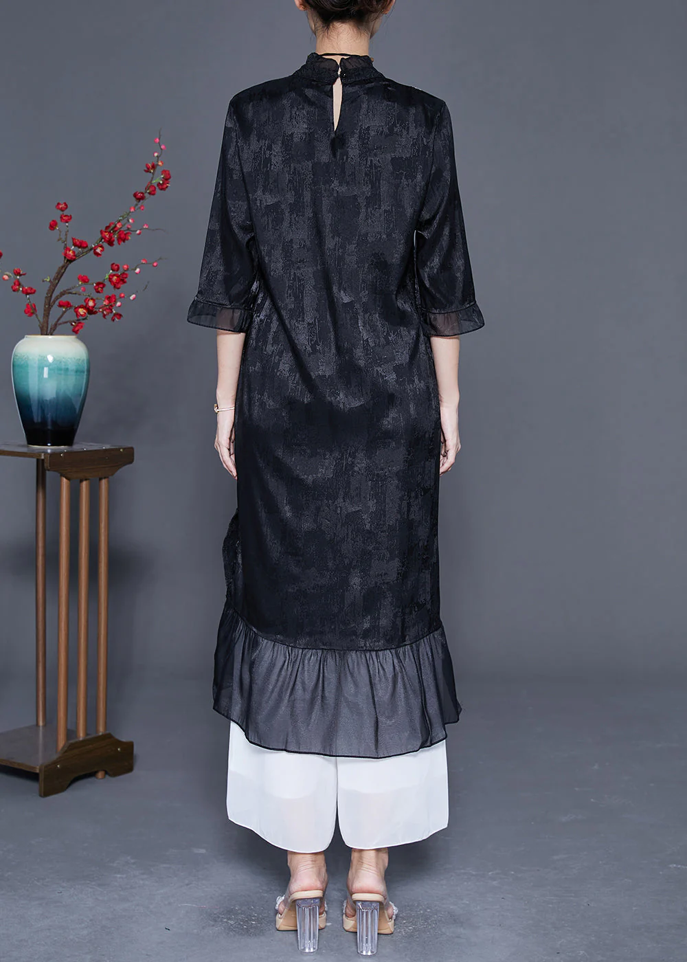 Vintage Black Embroideried Patchwork Jacquard Silk Dress Bracelet Sleeve - Image 4