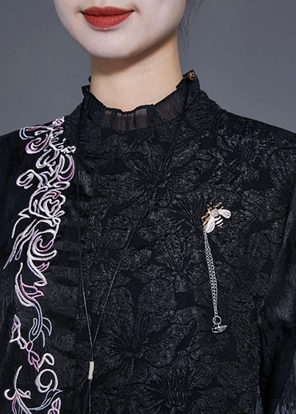 Vintage Black Embroideried Patchwork Jacquard Silk Dress Bracelet Sleeve - Image 5