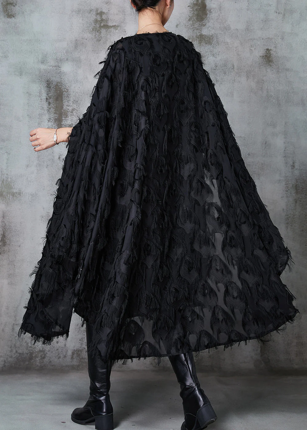 Vintage Black Fluffy Cotton Vacation Dresses Cloak Sleeves - Image 3
