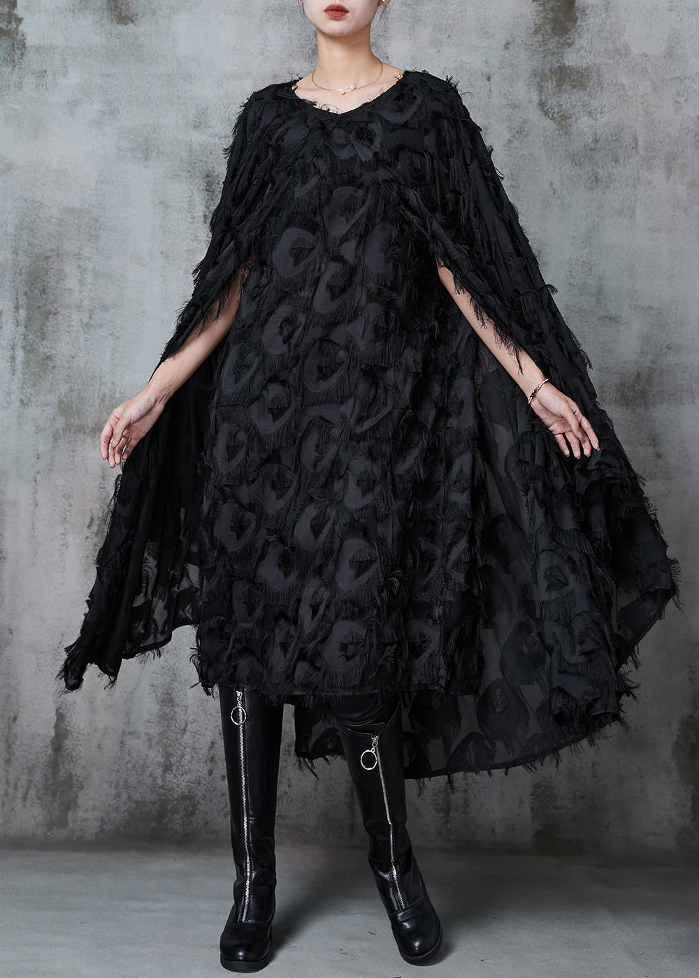Vintage Black Fluffy Cotton Vacation Dresses Cloak Sleeves - Image 5