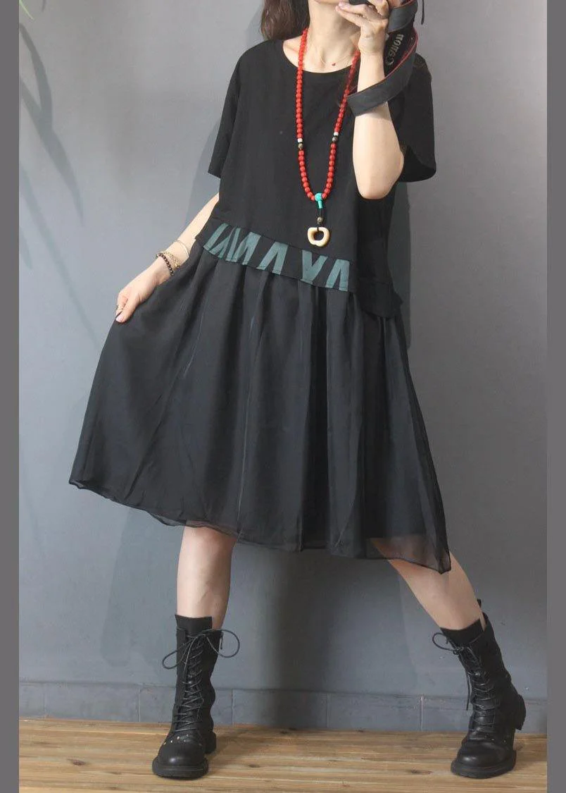 Vintage Black Graphic Patchwork Green Dress Summer