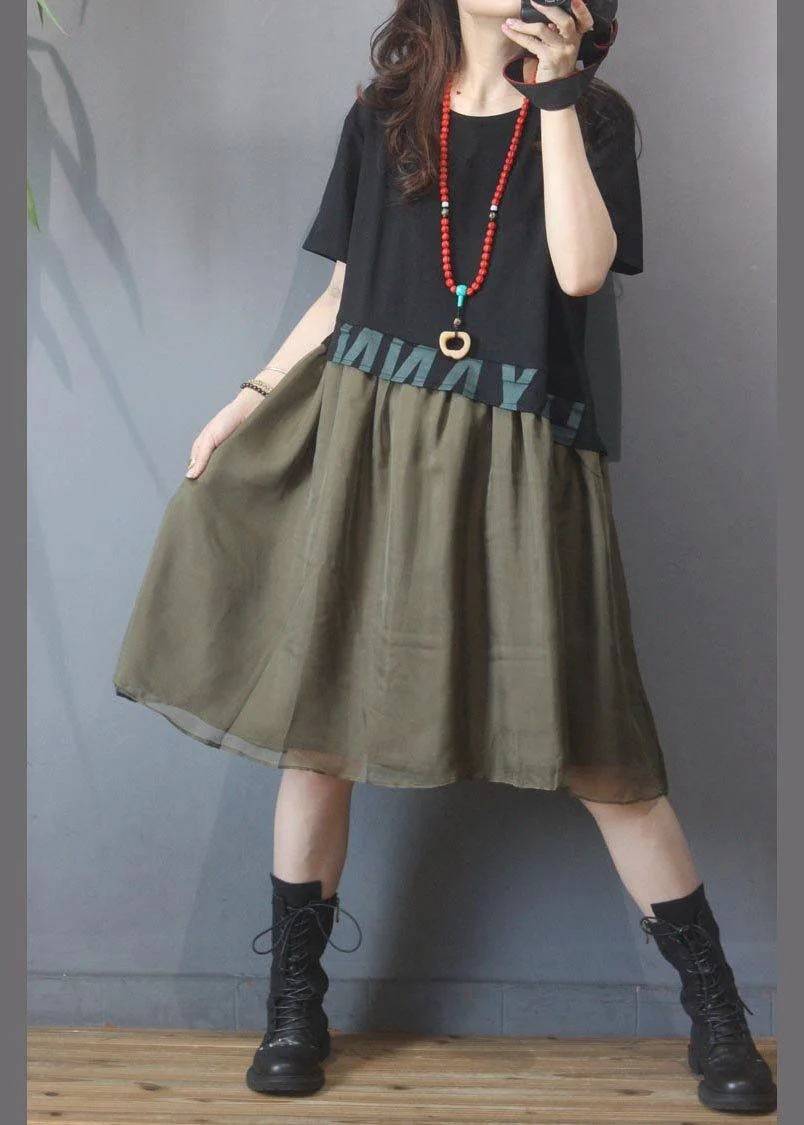 Vintage Black Graphic Patchwork Green Dress Summer - Image 2